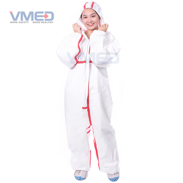 Bata de protección microporosa blanca desechable con tiras rojas